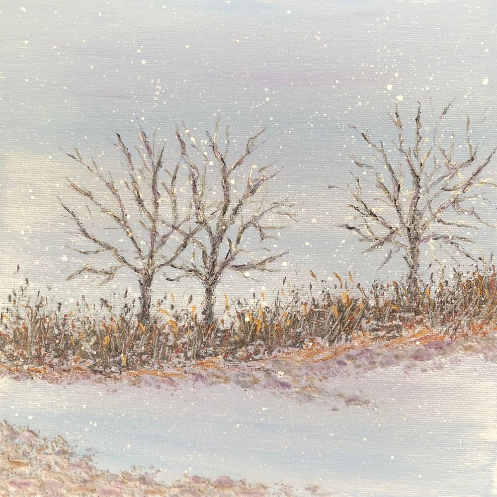 Snow Day - Acrylic Winter Landscape Painting by Deb Bossert Artworks, 8" x 8"
